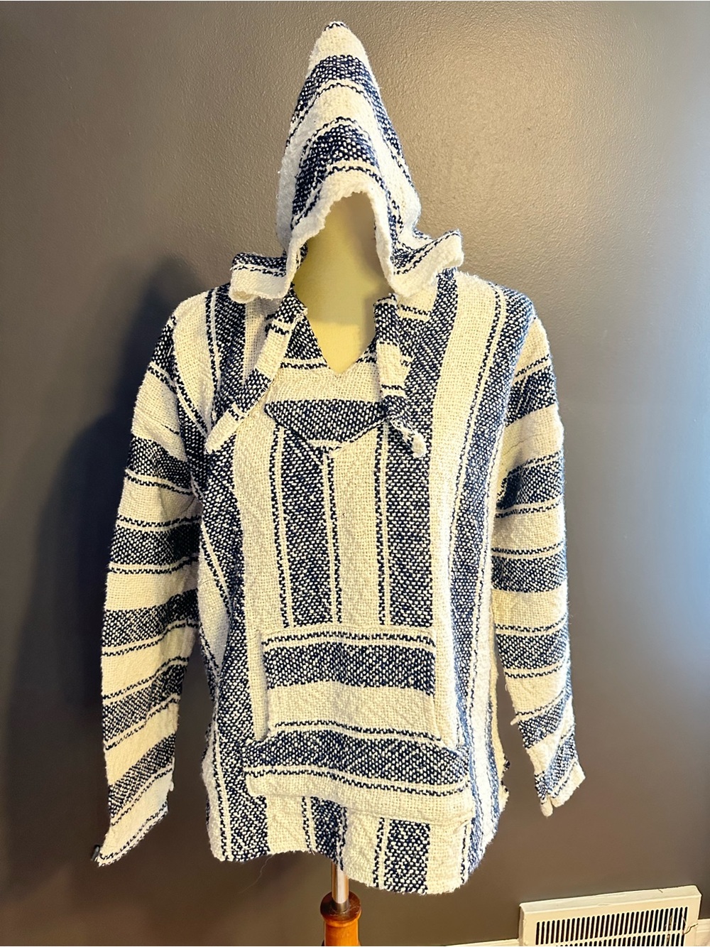 Vel-Mex Baja Hoodie Navy Cream Mexican Blanket Pullover Made Mexico